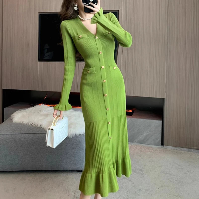 Maxy YuooMuoo Brand Fashion Autumn Winter Knitted Long Dress French Style Letter Buttons Elegant Sweater Dress Lady Office Bodycon