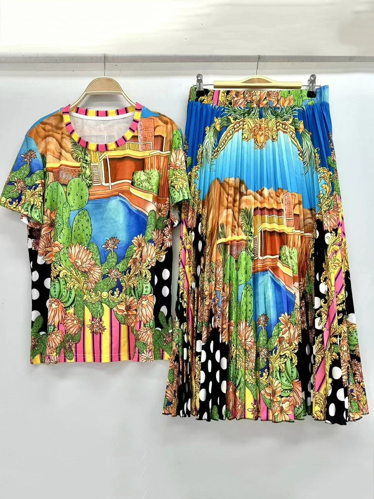 Maxy summer women's retro geometric print knit shirt sleeve T two-piece marlet + high waist sag pleated loose skirt fashion suit
