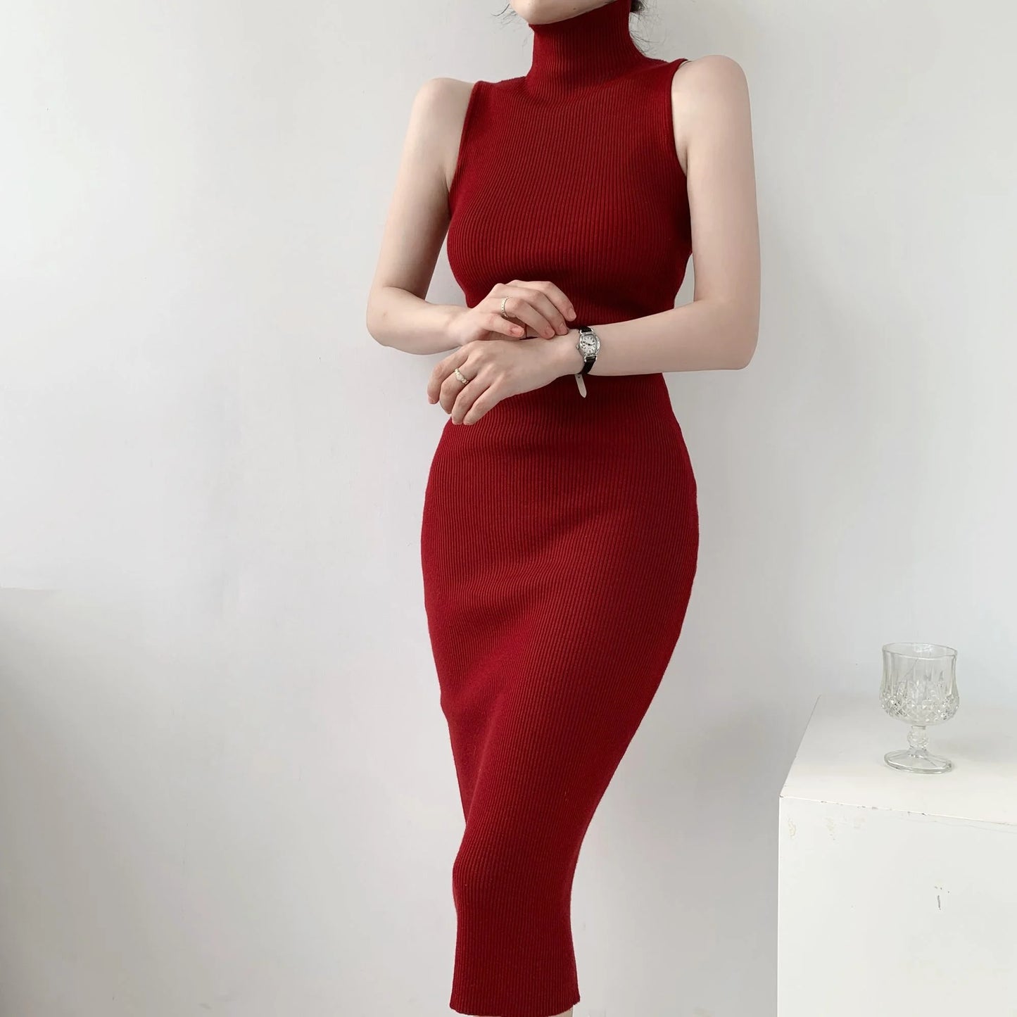 Maxy WOMEN GAGA French Turtleneck Sleeveless Knitted Dress Women Autumn Slim High Waist Mid Length Slim Hip Wrap Dresses Tops DH8G