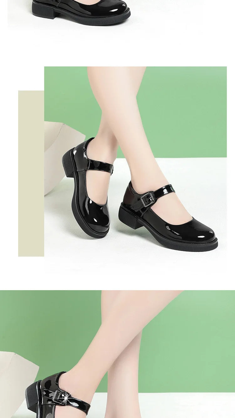 Maxy 3.5cm Breathable Shallow Mouth Bright Leather Shoes Women Mary Janes 2025 Fall Med Square Heels Sheos Black for Office Mom