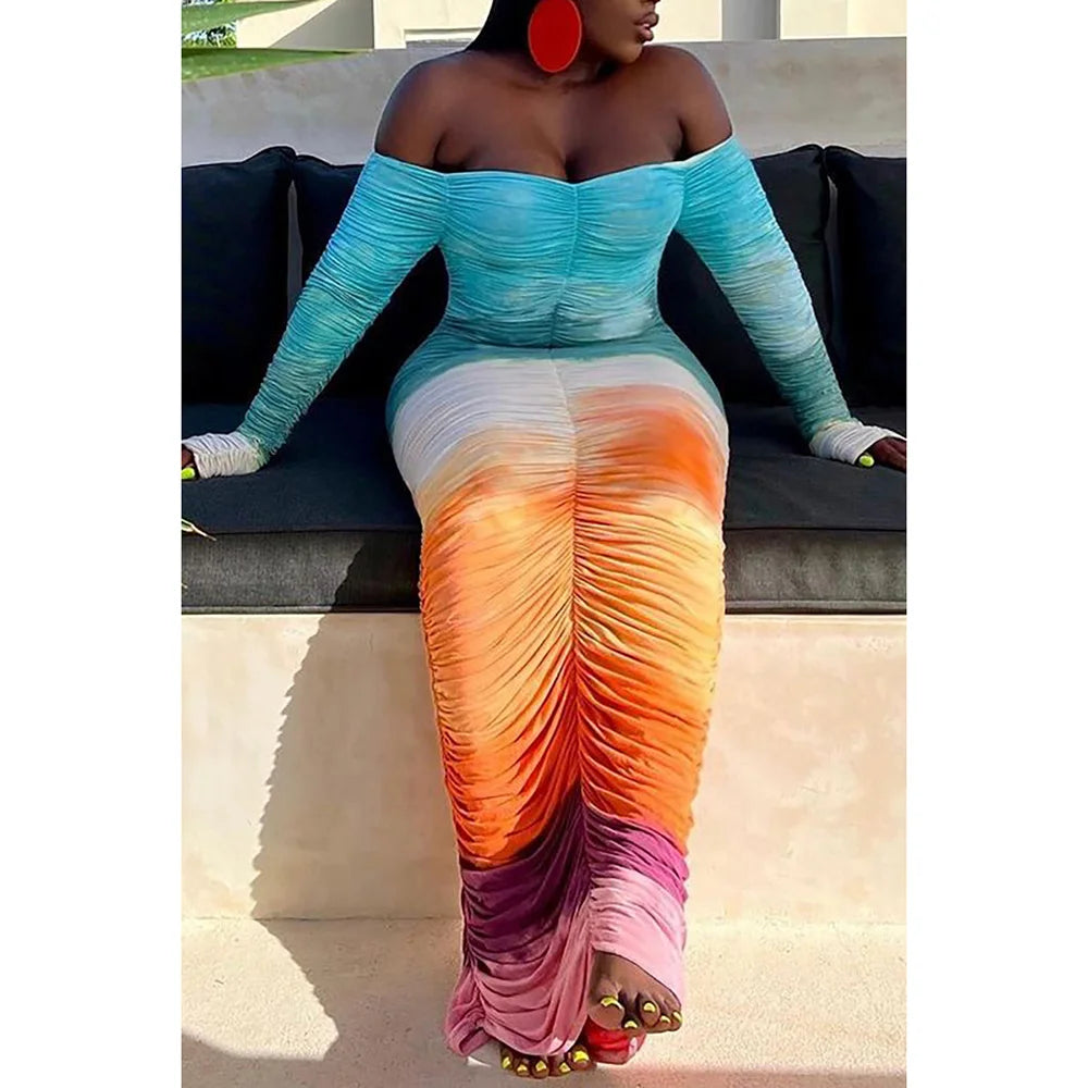 Maxy Plus Size Multicolor Party Club Dresses Slim Fit Tie Dye Off the Shoulder Long Sleeve Maxy Dresses