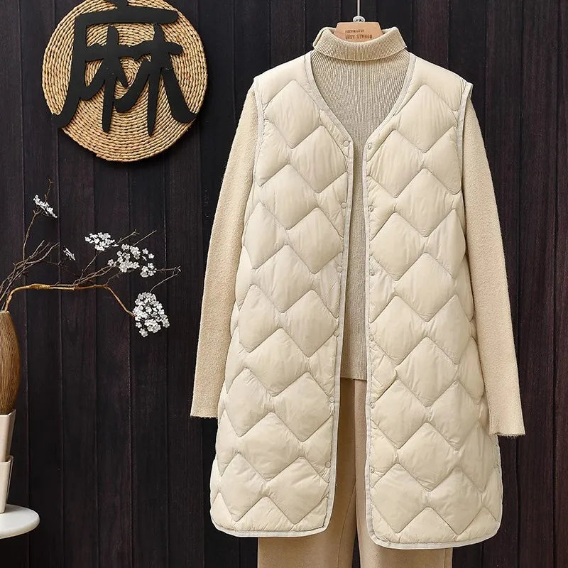Maxy Plus Size Female Korean V-neck Casual Ultra-Light Vest Coat Autumn Winter Women X-Long White Duck Down Warm Sleeveless Jackets