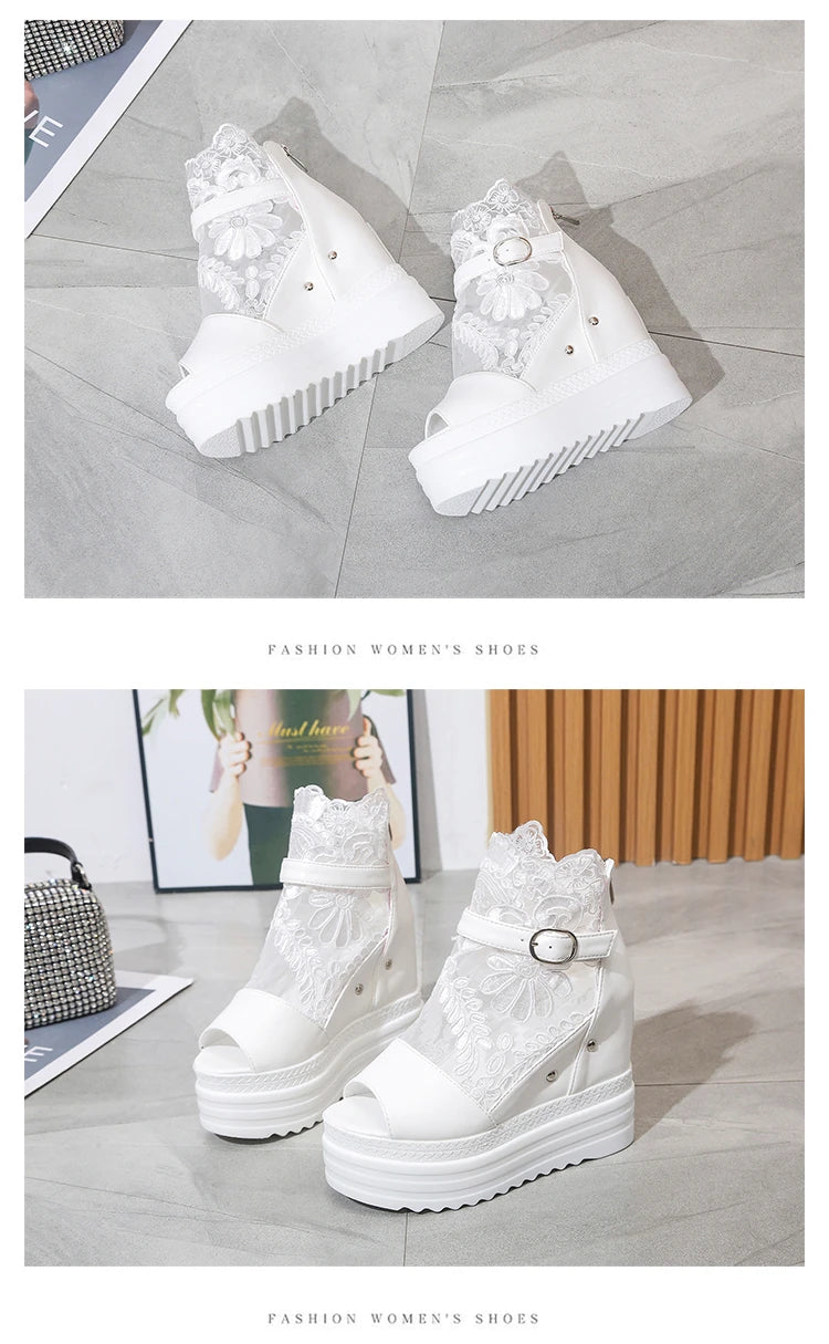 Summer Crystals Buckle Platform Sandals Women Cool ZIP Boots 10cm Wedges Heel Height Increasing Peep Toe Lace breathable Shoes