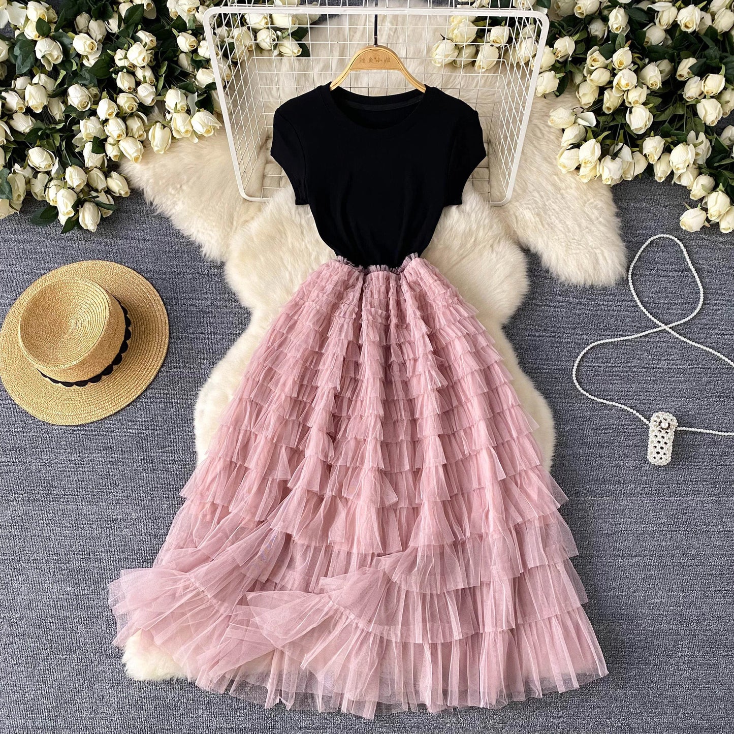 Maxy Fairycore Fashion Newest Chic Dresses Women O-Neck Short Sleeve Mesh Splice Design Vacation Summer Cake Long Dress