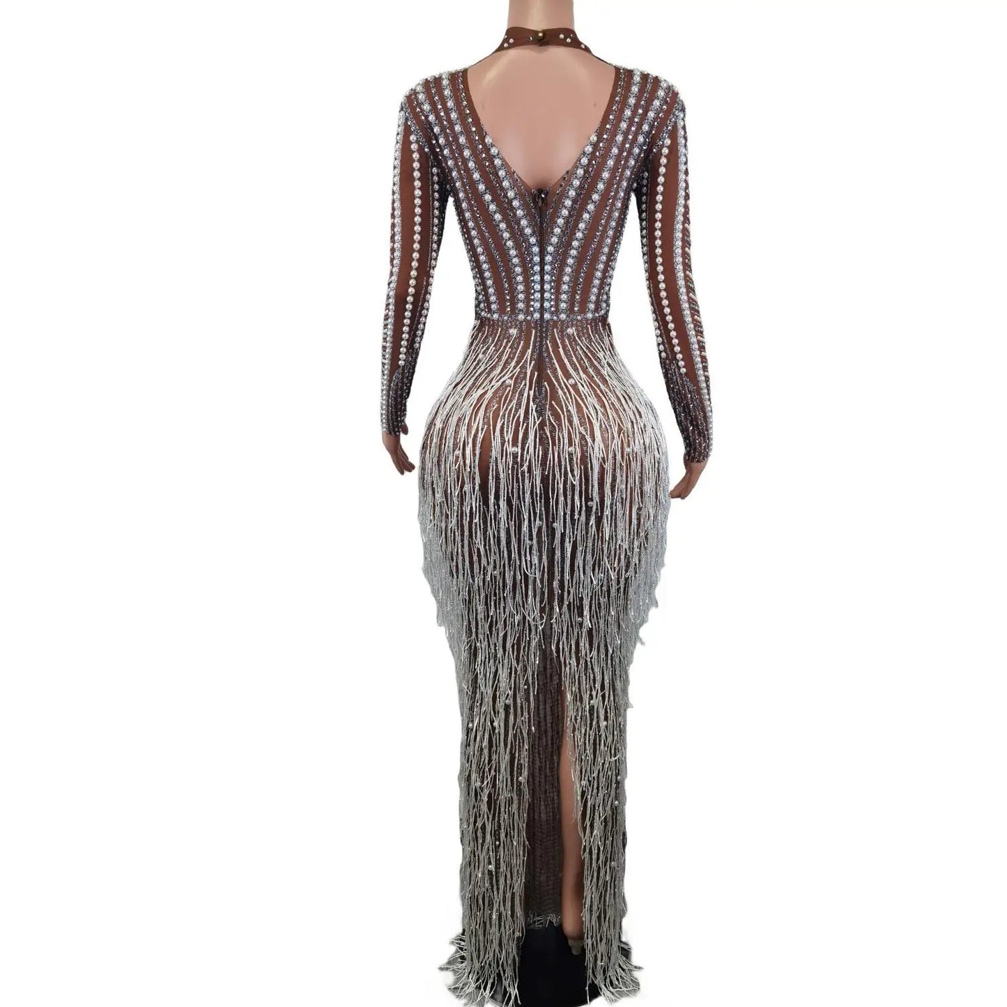 Macy Luxury Pearl Tassel Mermaid Evening Dresses for Women Wedding Party Long Sleeve Formal Gowns Lady Bodycon Diamond Long Dresses