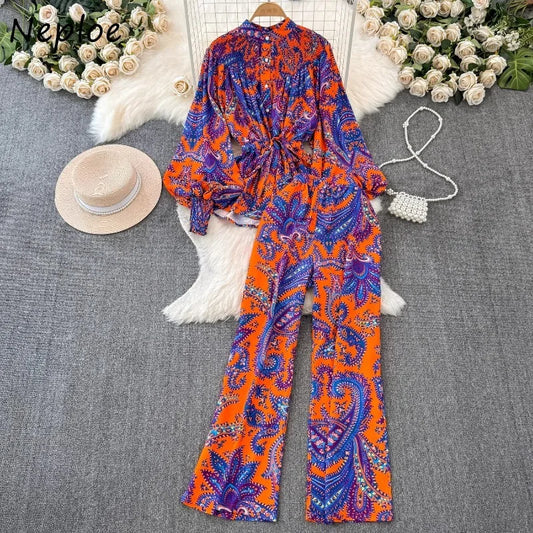 Maxy Fashion Long Sleeve Loose Print Shirts Women+ High Waist Straight Wide Leg Pants 2024 Summer New Two Piece Sets