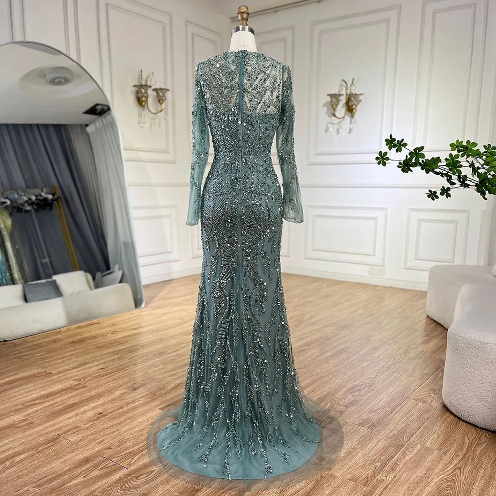 Maxy Serene Hill Arabic Turquoise Mermaid Gown with Tulle Overskirt And Beaded | Evening Dresses LA72601 Customized