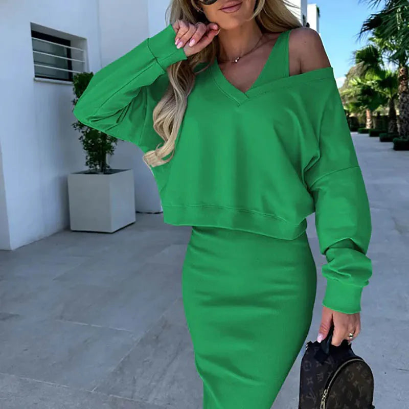 Women Autumn Two Piece Sets Dress Elegant Sexy V Neck Long Sleeve Sweatshirts And Long Dress Female solid color outfit set