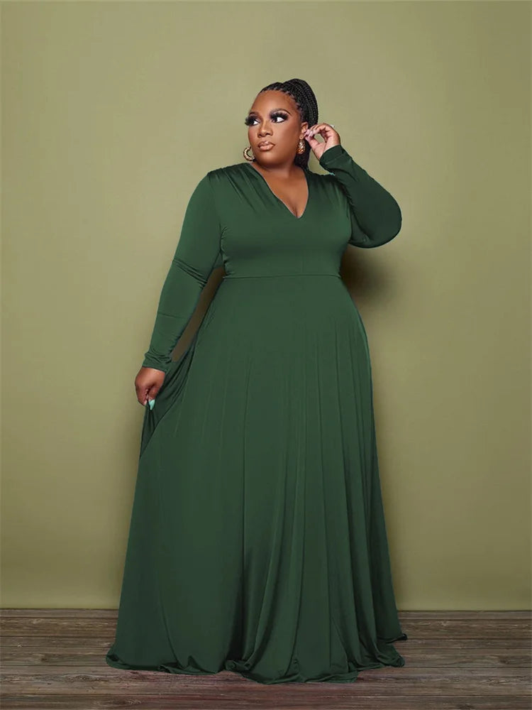 Maxy Plus Size Party Dresses Women Clothing 2024 V Neck Long Sleeve Solid Loose Elegant Maxy Dresses