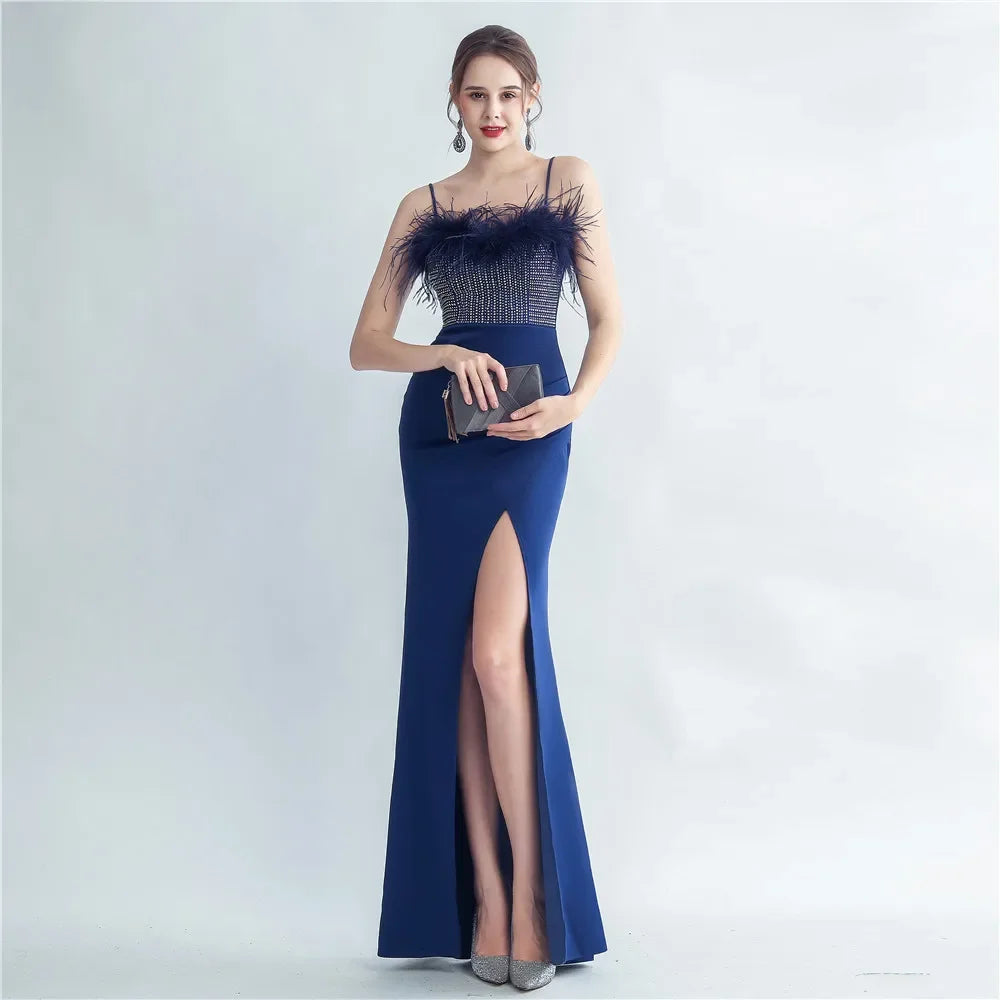 Babs Sequin Sexy Bust Beading With Feather Spaghetti Strap Slit Long Mermaid Party Night Dresses