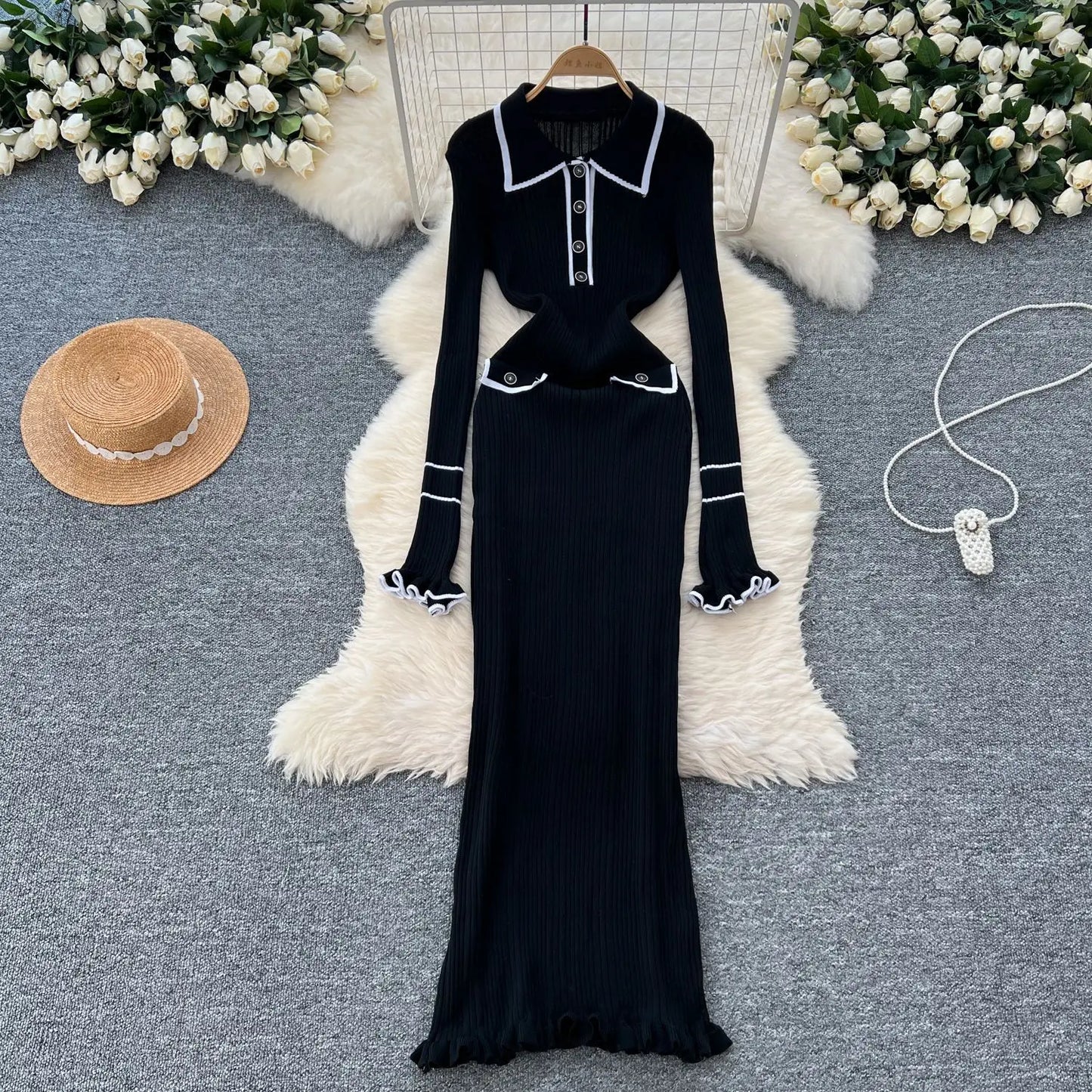 Macy French Vintage Knitted Dress Women Lapel Long Sleeved Slim Bodycon Dresses Ladies Slim Elegant Spring Autumn Long Robe Vestidos