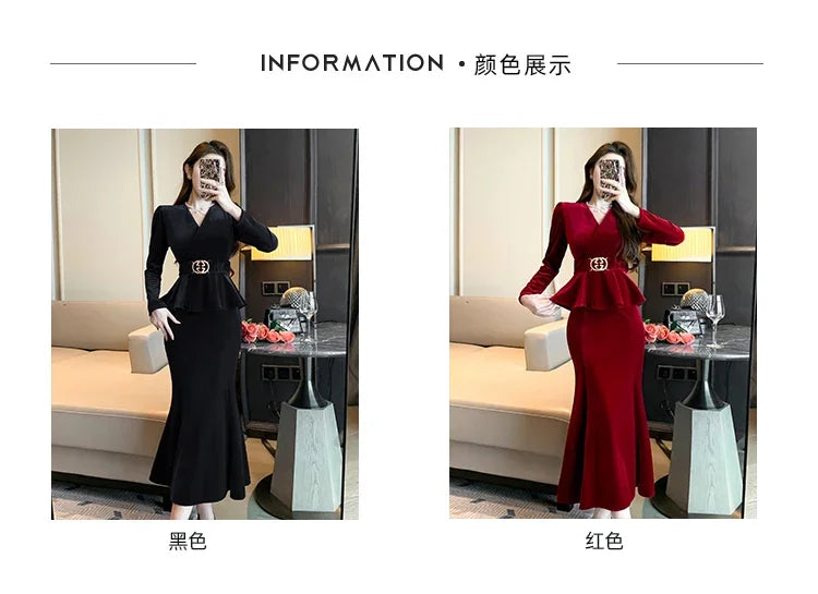 Babs Winter Red Velvet Chic Ruffled Bandage Long Dress Women Elegant Luxury Festival Dress Gown Korean Elegant Prom Dress