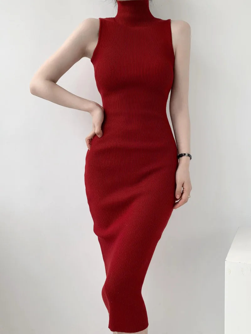 Maxy WOMEN GAGA French Turtleneck Sleeveless Knitted Dress Women Autumn Slim High Waist Mid Length Slim Hip Wrap Dresses Tops DH8G