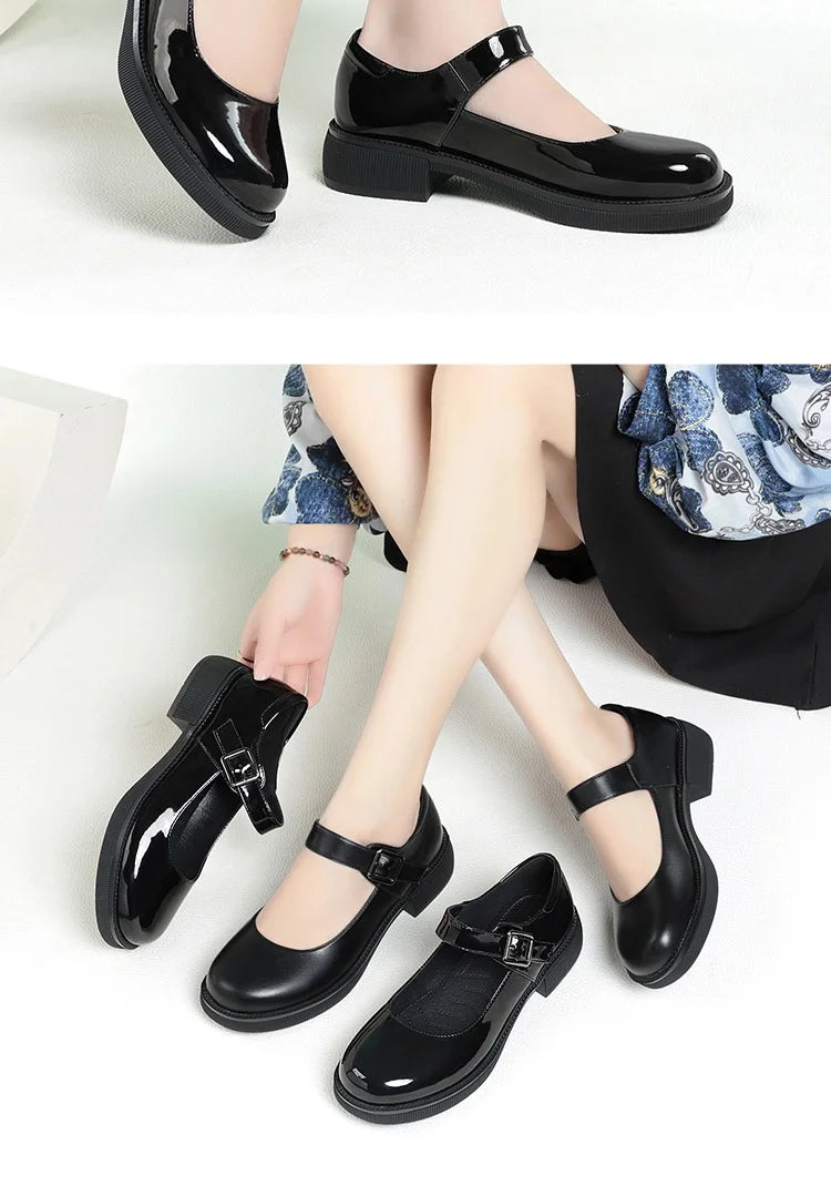 Maxy 3.5cm Breathable Shallow Mouth Bright Leather Shoes Women Mary Janes 2025 Fall Med Square Heels Sheos Black for Office Mom