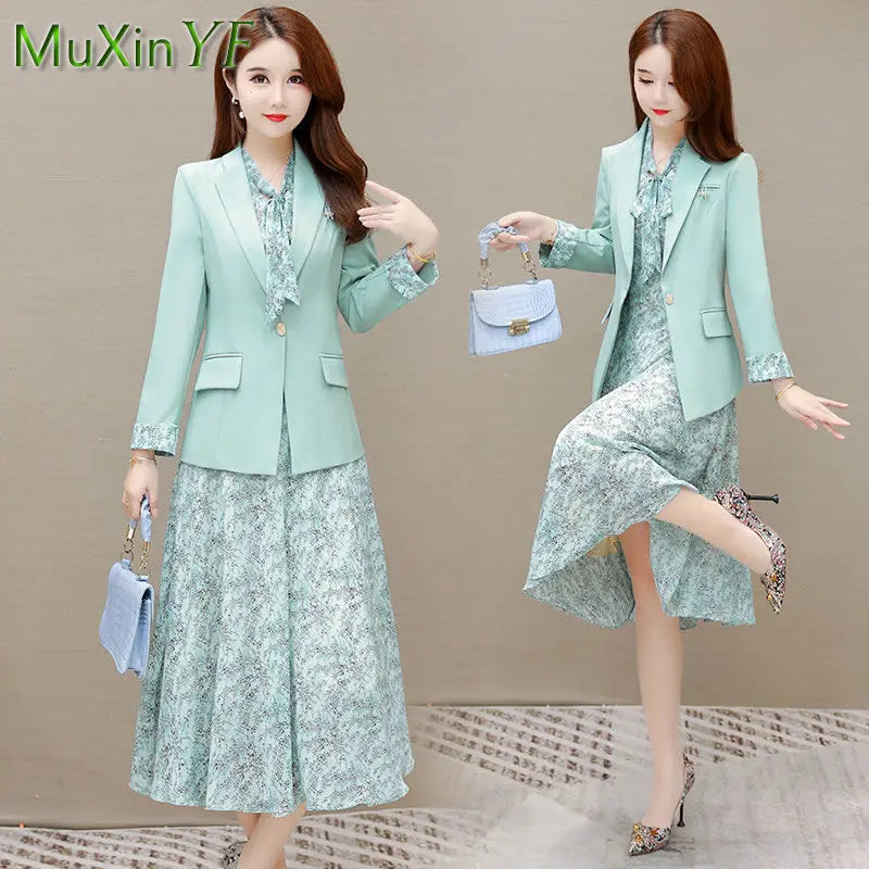 Korean Babs Elegant Suit Jacket Dress Set Women's Autumn New Fashion Blazer Coat Chiffon Floral Dresses Two Piece Female Clothing