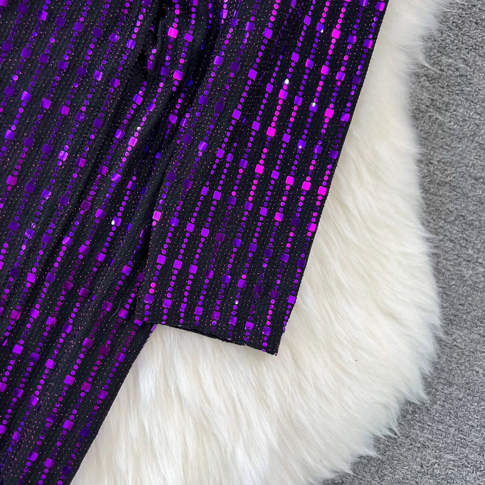 Babs Elegant Chic Y2K Women's Dress Long-sleeve V-neck Split Sequins Patchwork Hip Warp Dresses Autumn Winter