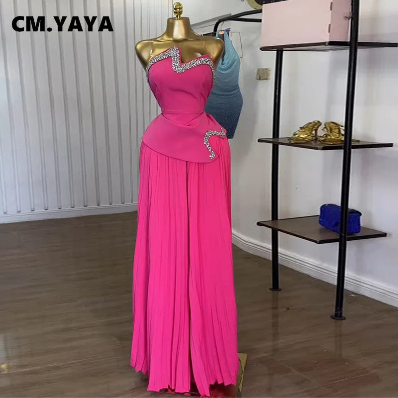 Maxy CM. YAYA Women's Set Diamonds Hot Rhinestones Crop Top and Pleated Wide Leg Pants Suit 2025 Two 2 Piece Sets Outfits Tracksuit