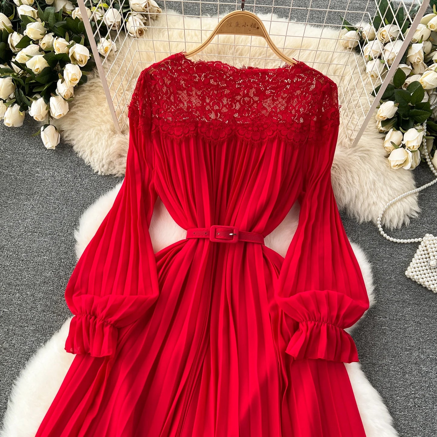 Spring Summer Women Hollow Out Lace Patchwork Pleated Long Dress Vintage Red/Blue/Purple Draped Maxi Vestidos Female Robe New