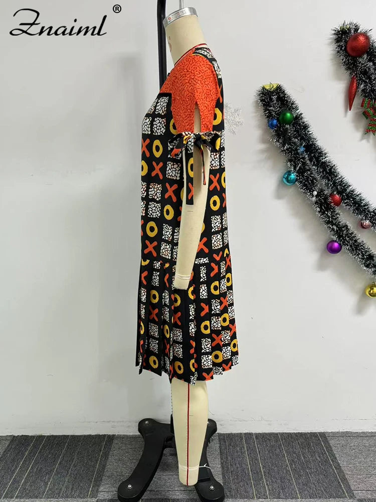 Maxy Elegant Indie Folk African Orange Mid Dresses Women A-line O-Neck Short Sleeve Loose Print Dashiki Ankara Birthday Festival Robe