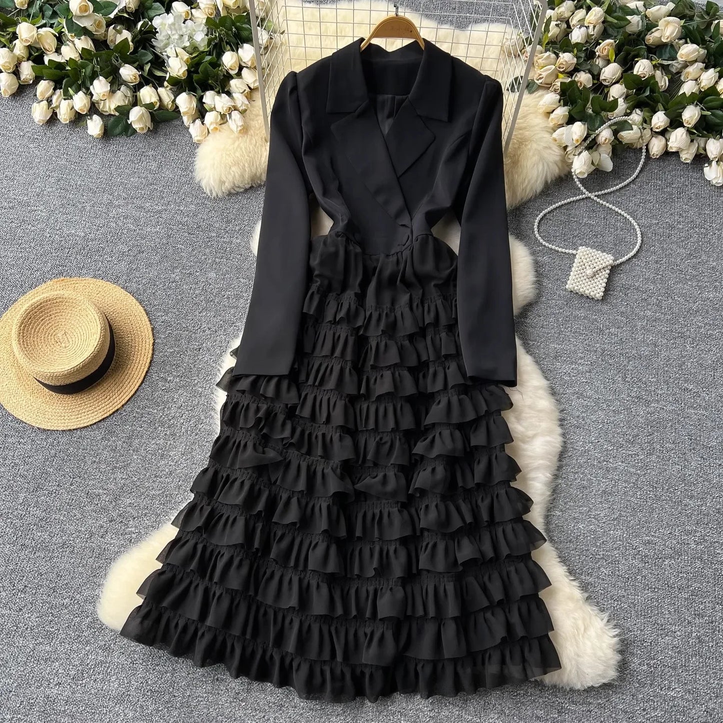 Zay Women Vintage Evening Party Dress Spring Autumn Lapel Long Sleeve Patchwork Mesh Layered Dresses Ladies Elegant Long Robe