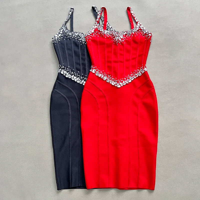 Babs Black Red Color Women Sleeveless Sexy V-Neck Bodycon Mini Bandage Dress Crystal Celebrate Nightclub Party Birthday Dress