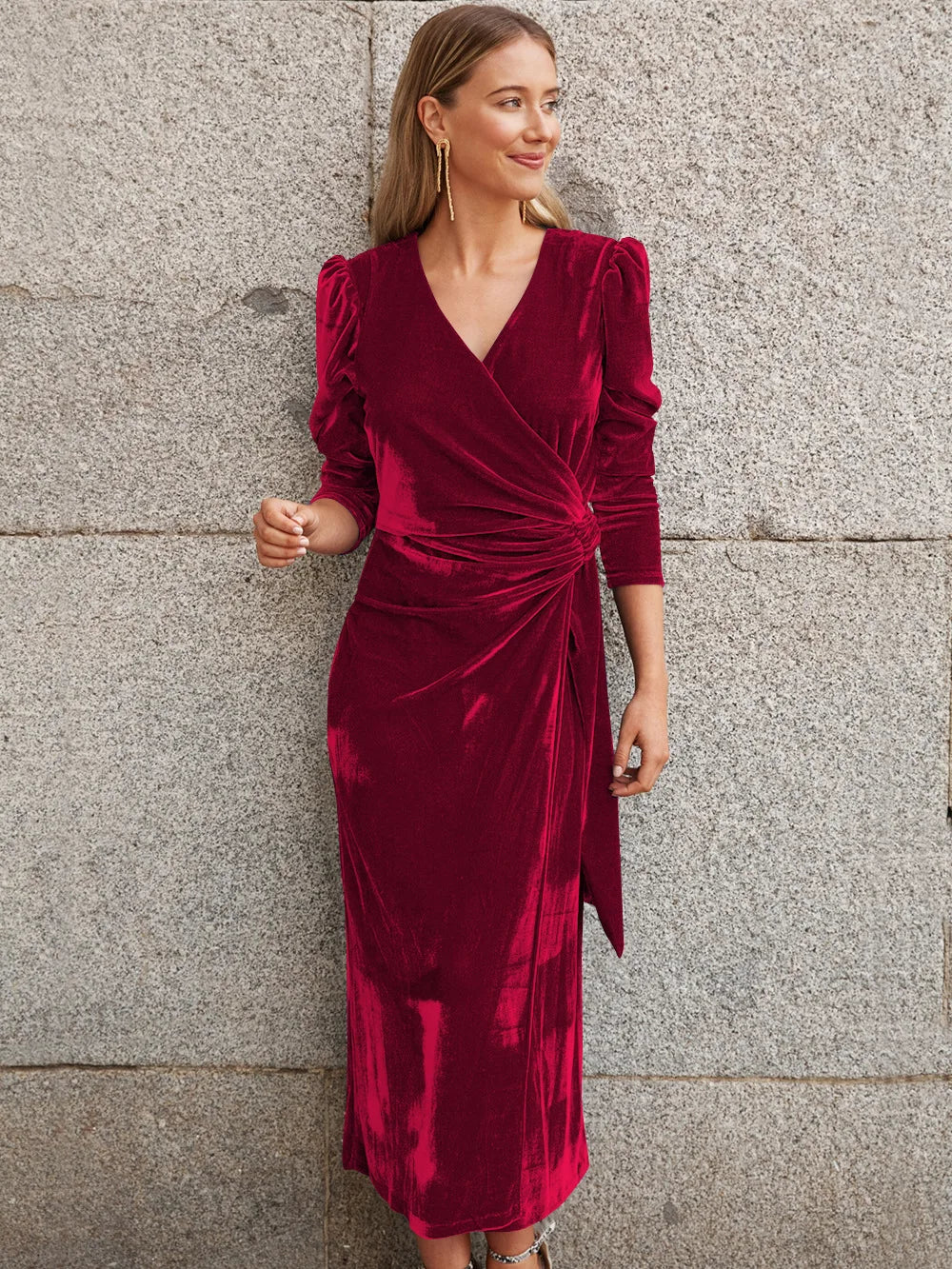 Babs Elegant Solid Velvet Long Dress Women V-neck Wrap Long Sleeve High Waist Lace-up Birthday Dress Evening Sexy Party dress