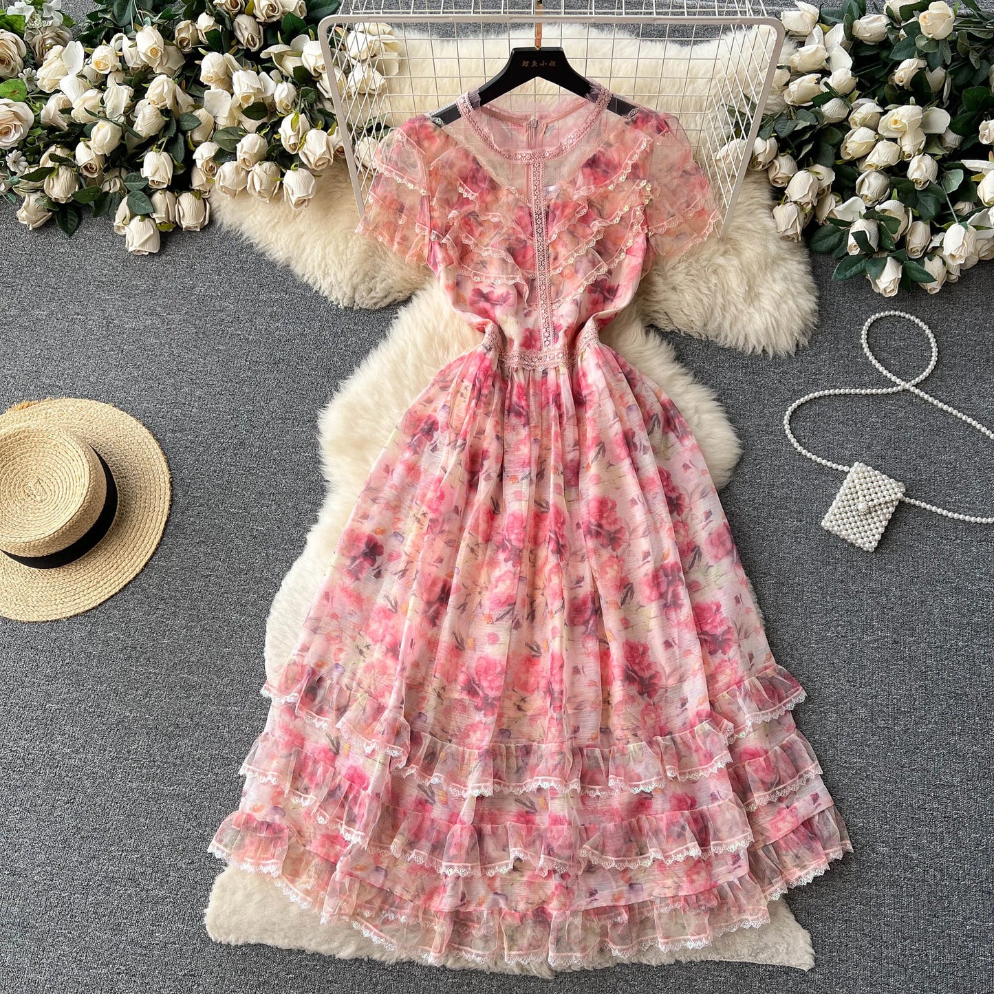 Summer Mesh Printed Dress Women Elegant Ruffle Edge Vintage High Waist Pink Party Dresses Ladies Slim A-line Floral Long Robe