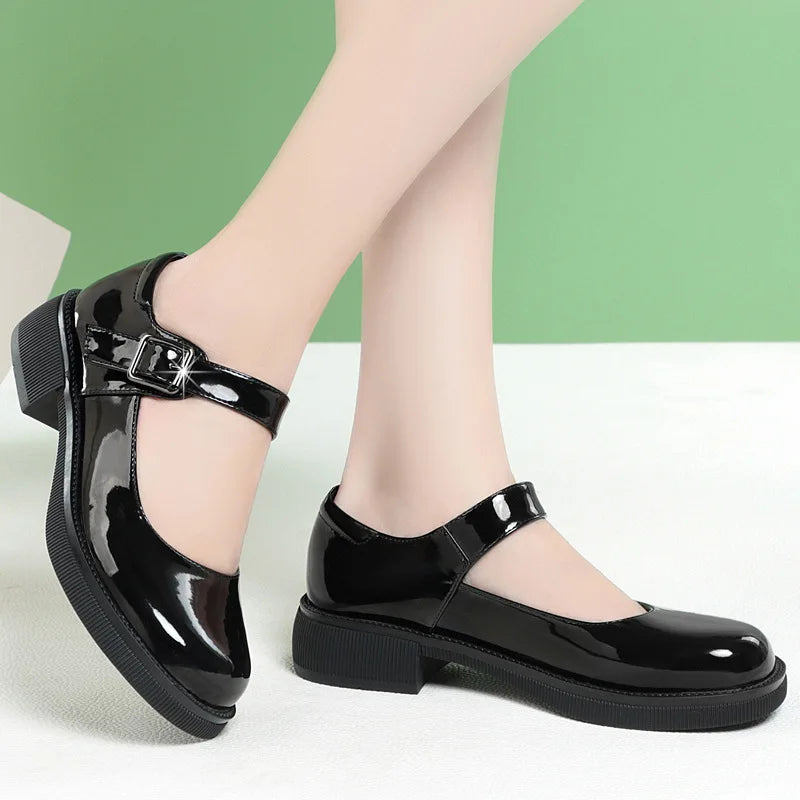 Maxy 3.5cm Breathable Shallow Mouth Bright Leather Shoes Women Mary Janes 2025 Fall Med Square Heels Sheos Black for Office Mom