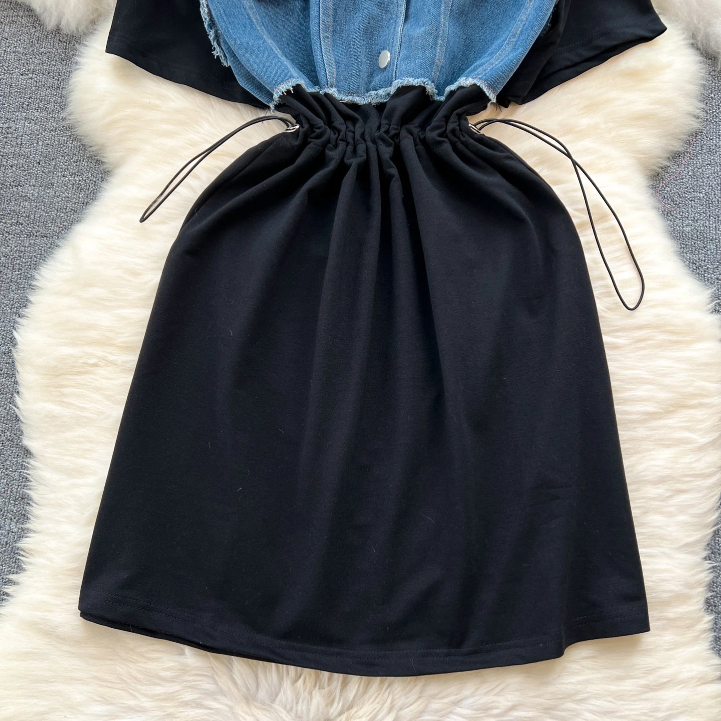 Women Casual Shirt Dress Korean Summer Short Sleeve Patchwork Denim Short Dresses Female Slim Drawstring High Waist Dress