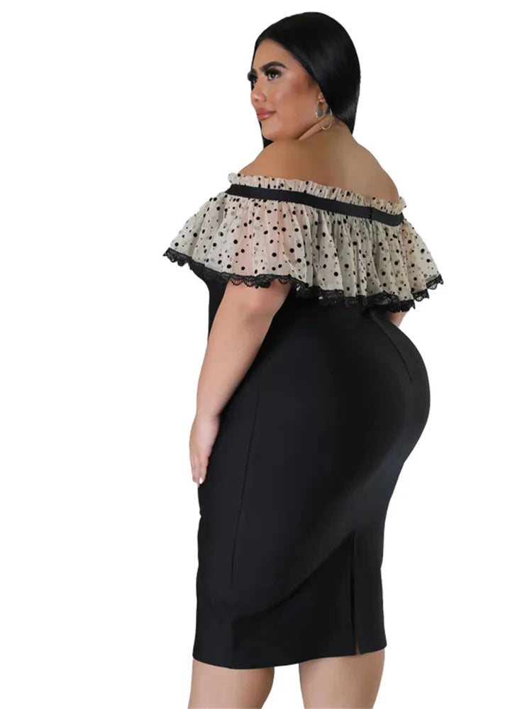 Maxy Plus Size Party Dress Women Clothing Solid Mesh Patchwork Off Shoulder Dress Fashion Outfits