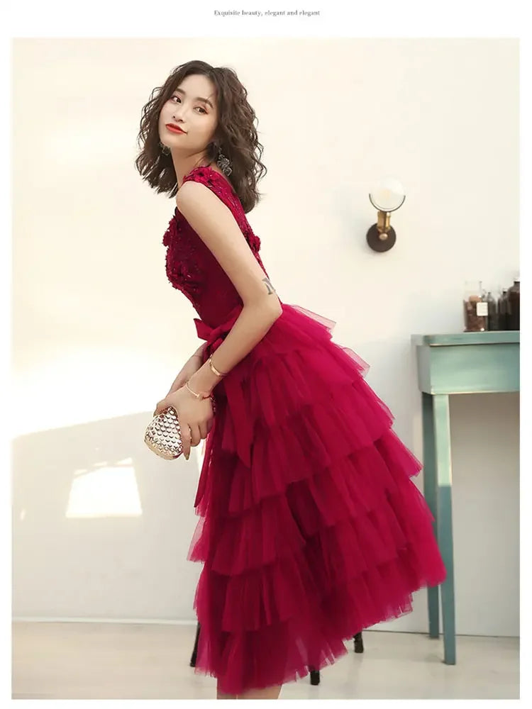 Babs Dresses Burgundy Tulle Beads Floral V-Neck Plus Size A-line Tiered Tea-Length Plus size Woman Party Gowns Robe E832