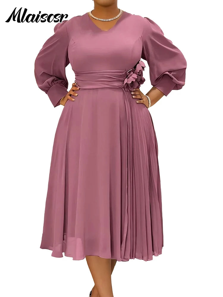 Maxy Elegant Pink A Line Loose Mid Dress for Women V Neck 3D Flower Design Puff Sleeve Office Evening Birthday dress