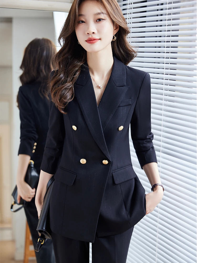 Maxy Gray Black Blue White Women's Pant Suit Long Sleeve Solid Ladies Blazer and Trouser Formal 2 Piece Set For Autumn Winter
