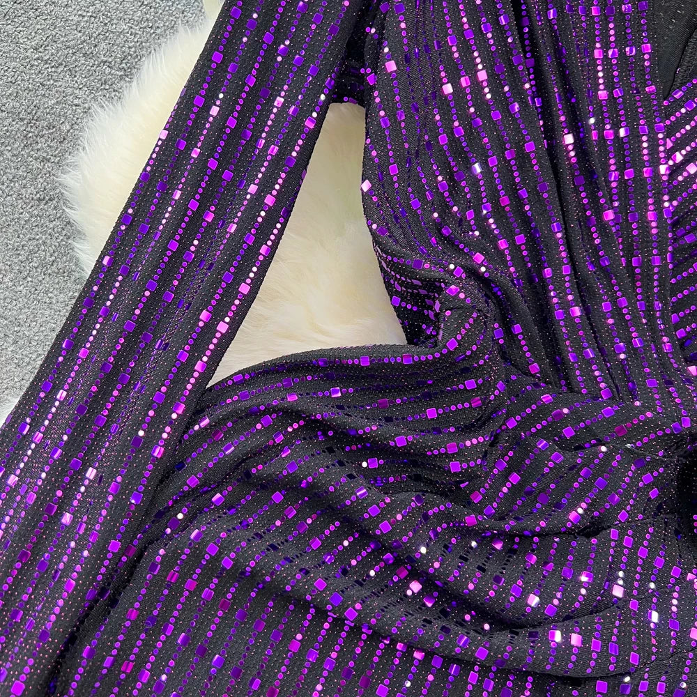 Babs Elegant Chic Y2K Women's Dress Long-sleeve V-neck Split Sequins Patchwork Hip Warp Dresses Autumn Winter