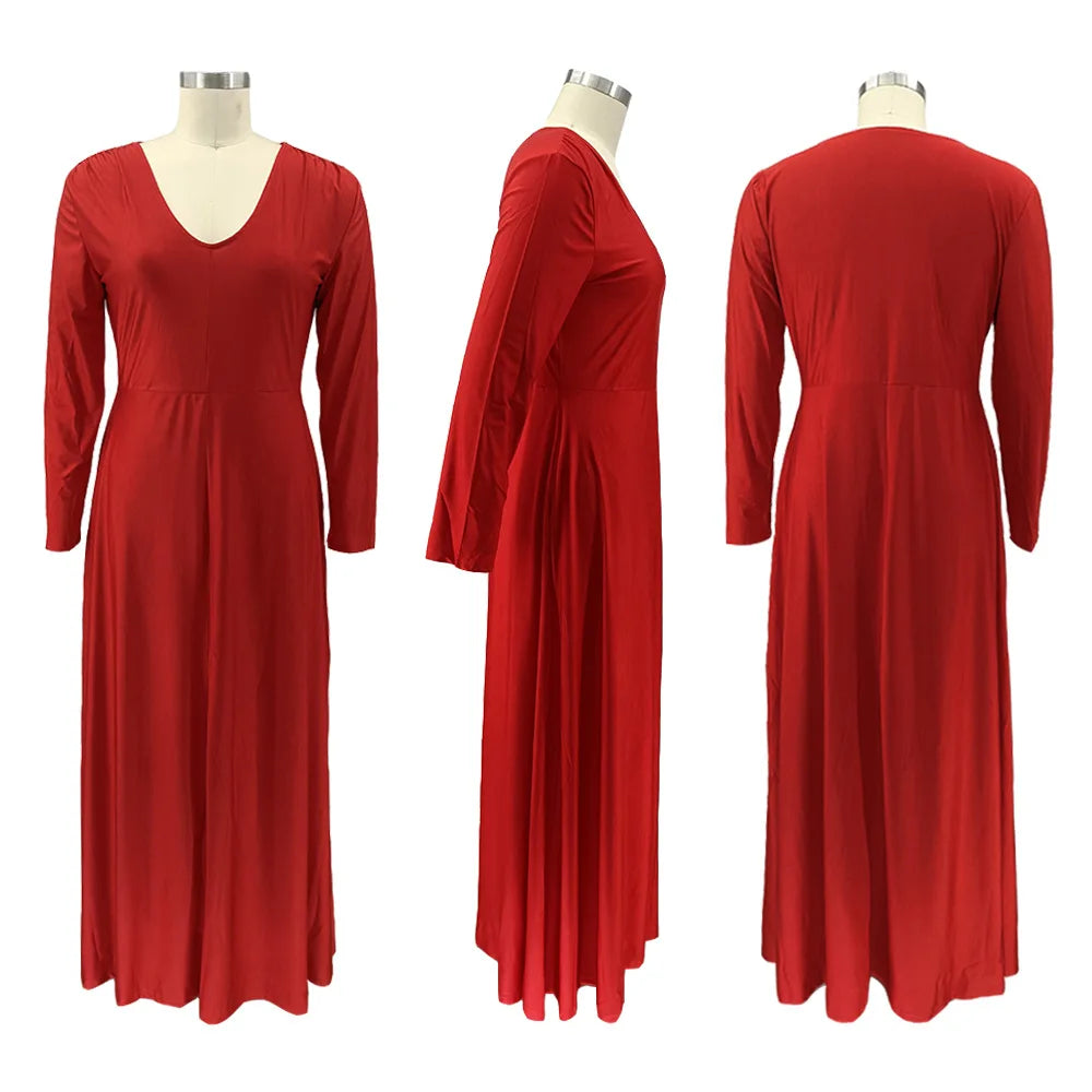 Maxy Plus Size Party Dresses Women Clothing 2024 V Neck Long Sleeve Solid Loose Elegant Maxy Dresses