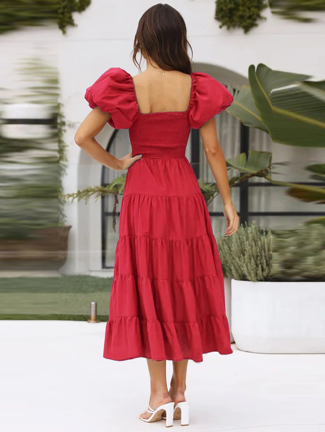 Macy Dress Red Ladies Square Neck Low Back Short Sleeve Puff Sleeve Pleated A-Line Dress Summer Casual Holiday Dress