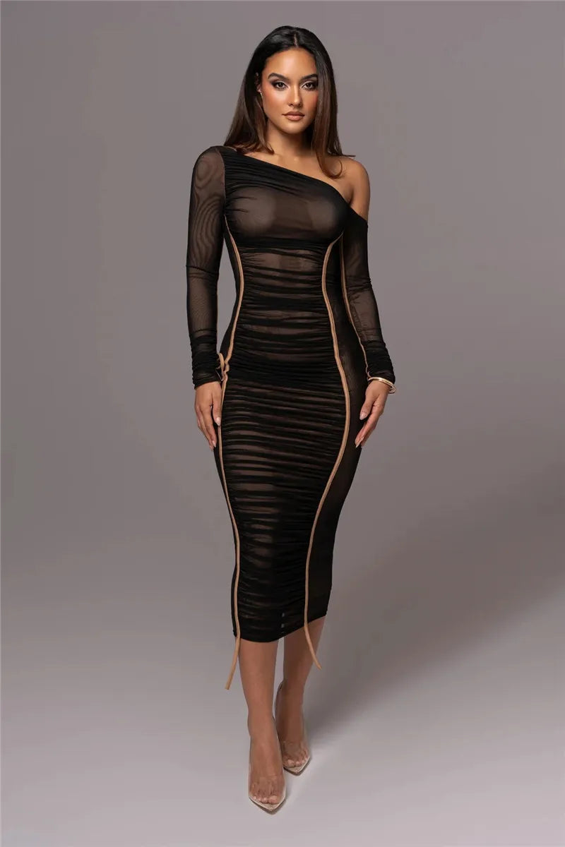 Maxy Diagonal Collar Long Sleeve Midi Dress for Women Two Layer Mesh Backless Bodycon Club Party Sexy Long Dress