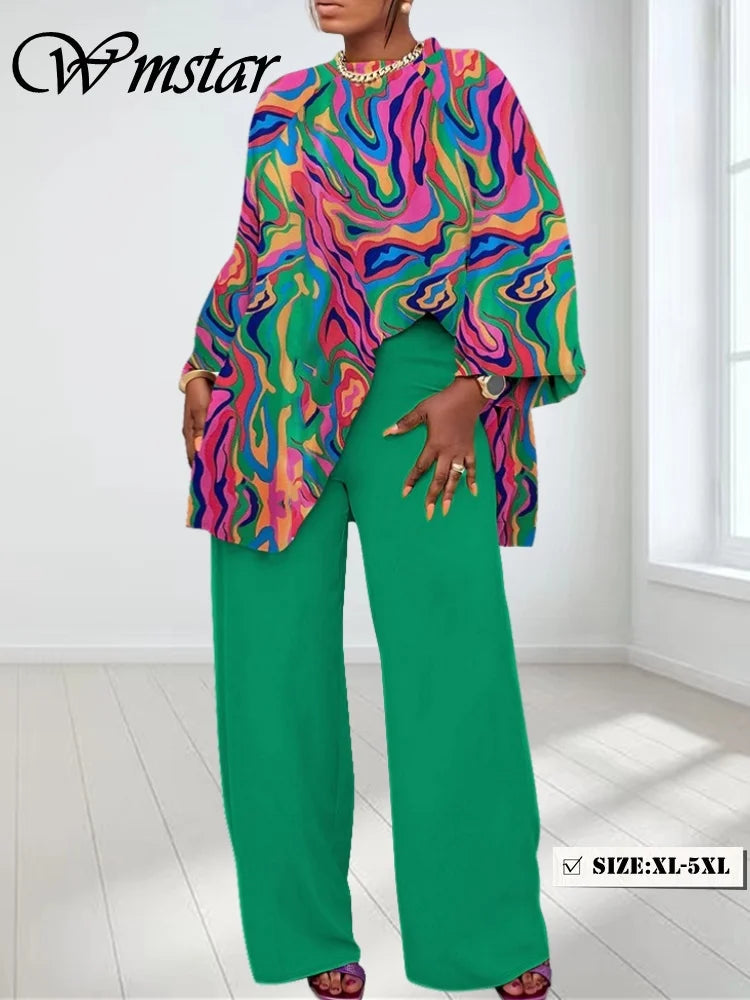 Maxy Plus Size Two Piece Sets Women Clothing Printed Long Sleeve Tops Solid Pants Wid Leg Matching Suits.