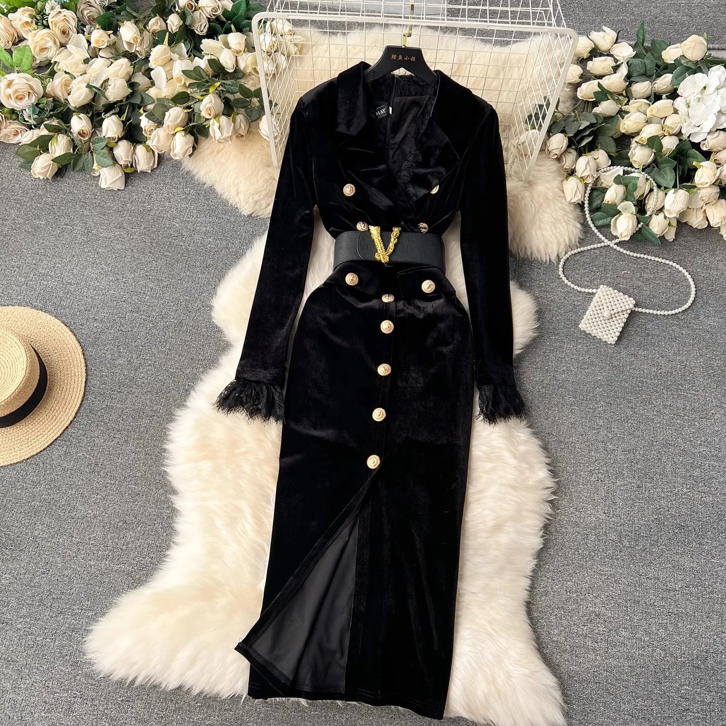 Babs Winter Luxury Velvet Dress Women Clothing Notched Lion Metal Buttons Split Letter Belt Thick Velour Long Party Vestidos