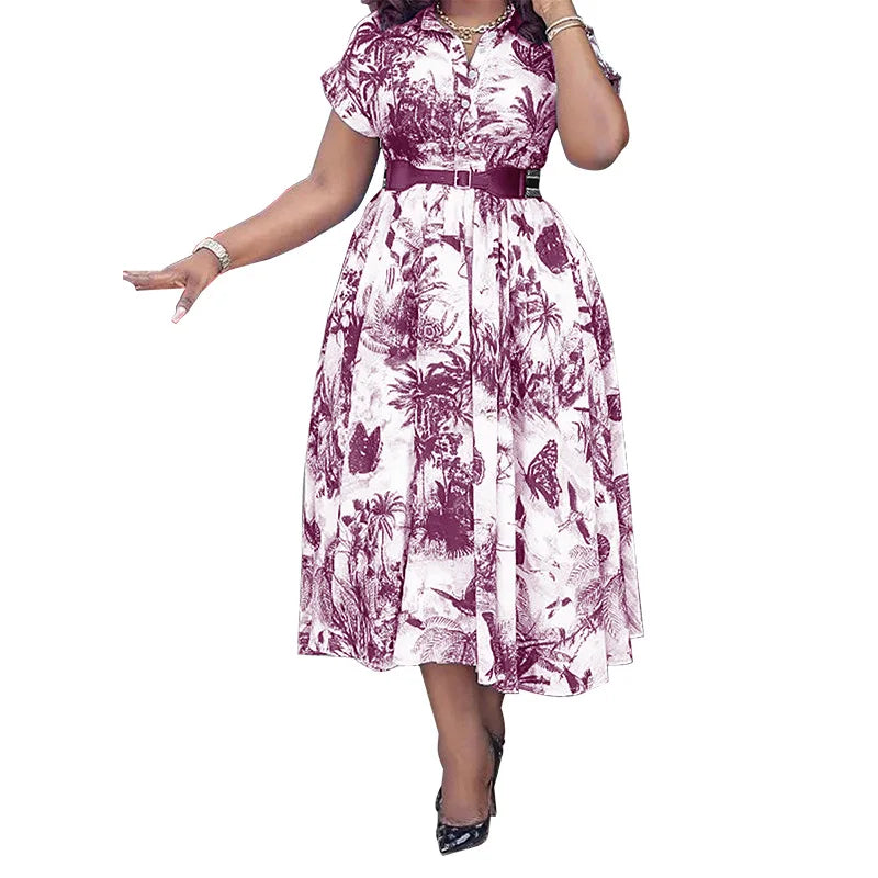 Amay Women Elegant Printed Party Dress Turn Down Collar Short Sleeve Pleated A-Line With Belt African Office Work Wear Plus Size 5XL