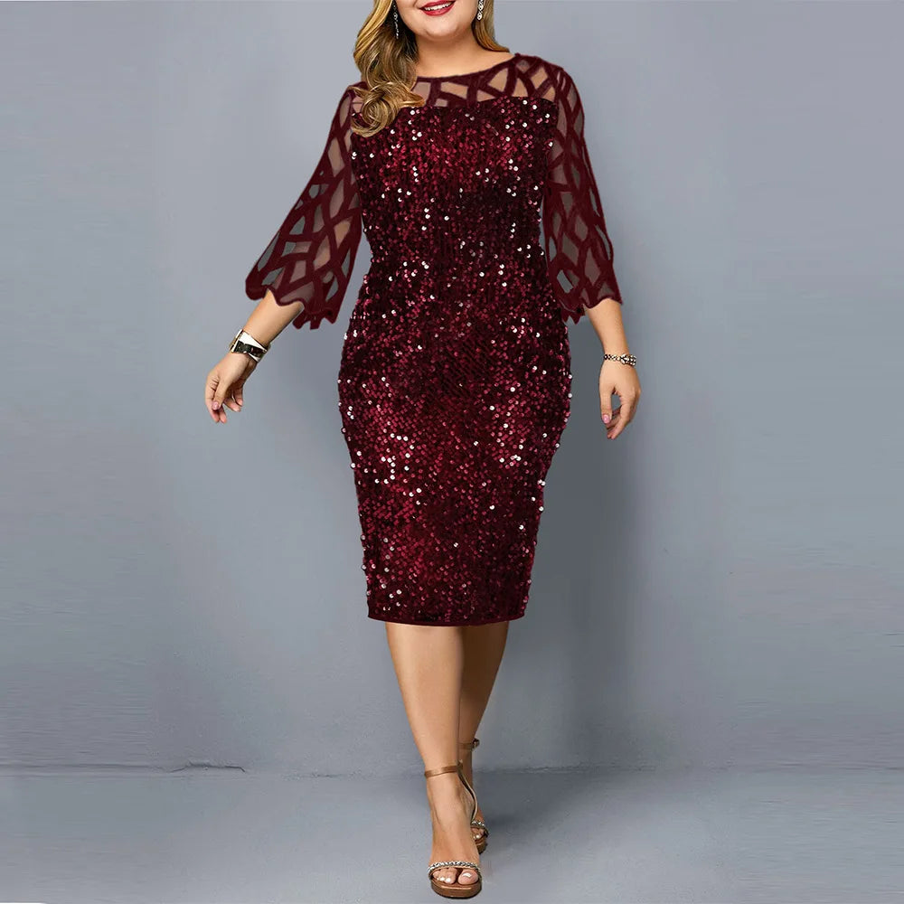 Maxy Women Sequins Lace Evening Party Dress 3/4 Sleeves Plus Size Mid-Calf Elegant Cocktail Formal dress