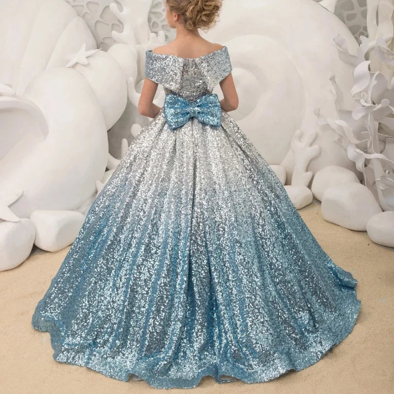 Babs Formal Kids Evening Dresses for Girls Birthday Party Elegant Sequins Dress Up Fluffy Long Luxury Pageant Prom Ball Gown Bow