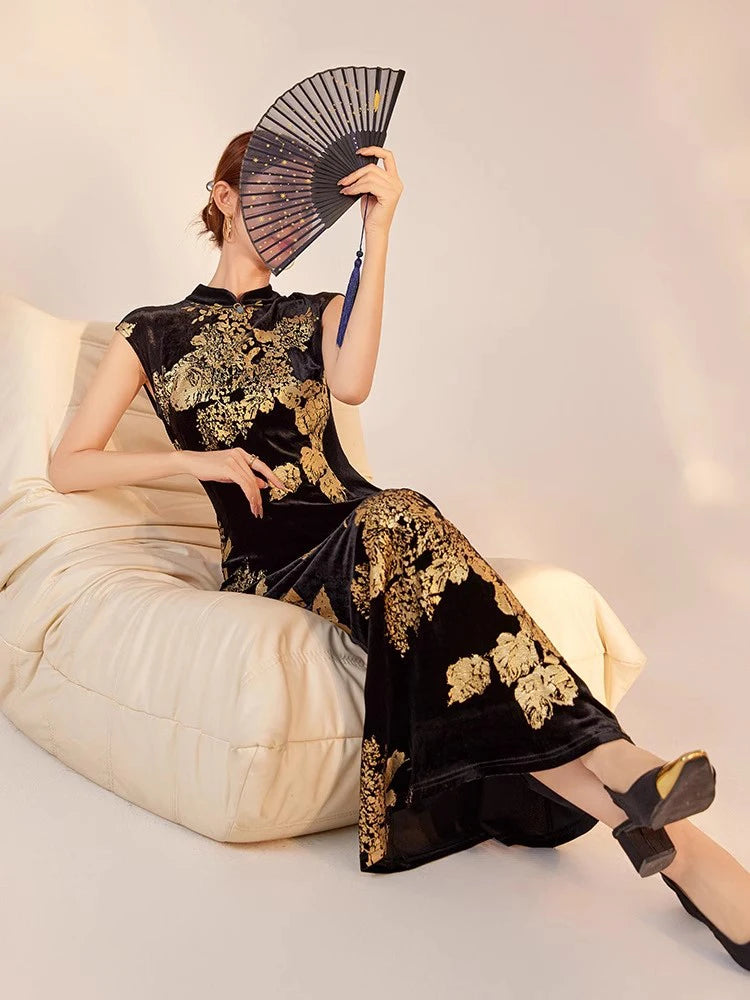 Maxy Luxury Gold Flower Long Qipao Dress Women Stand Collar Cap Sleeves Velvet Mermaid Chinese Cheongsam Elegant Party Gown