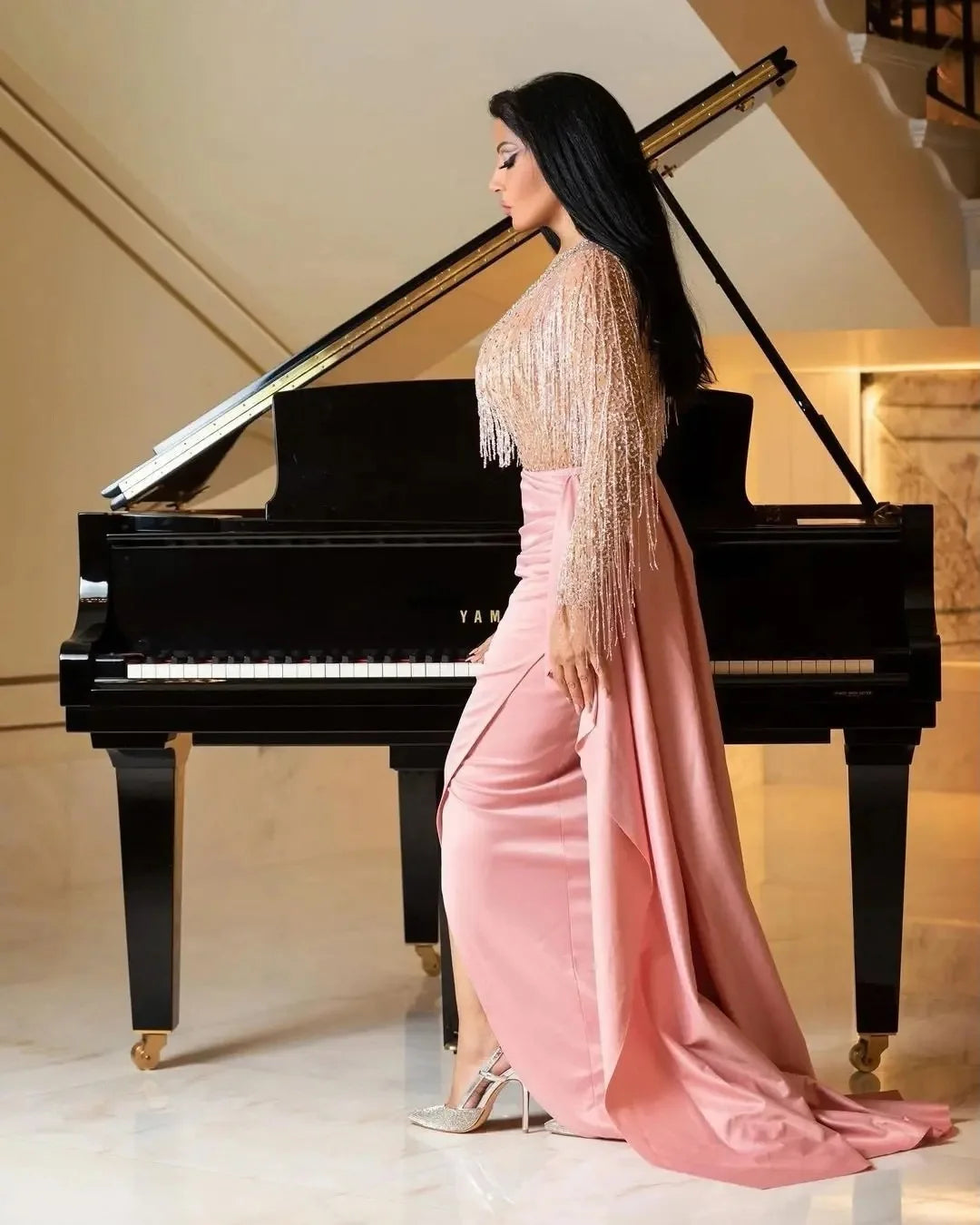Maxy New arrival fashion sexy V-neck tassel slim fit elegant split gown long sleeved temperament casual ladies evening dress