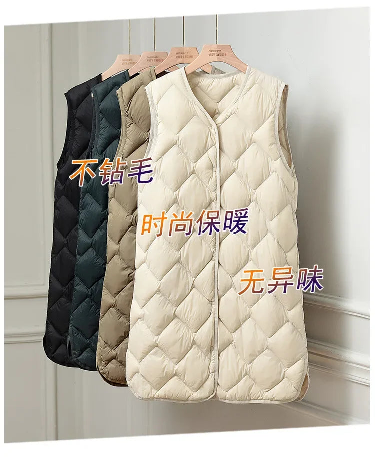 Maxy Plus Size Female Korean V-neck Casual Ultra-Light Vest Coat Autumn Winter Women X-Long White Duck Down Warm Sleeveless Jackets