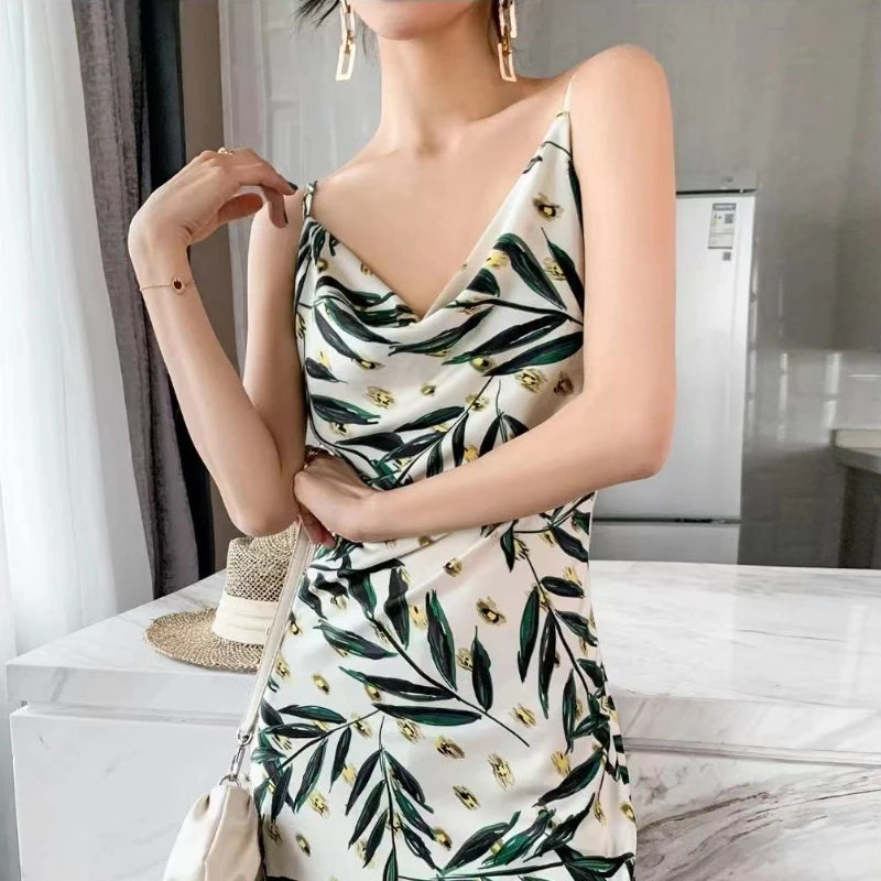 Maxy Printed Dresses Women Holiday Casual Summer Ins Sexy Graceful Korean Style New Female Mature Temperament Popular Empire Vintage