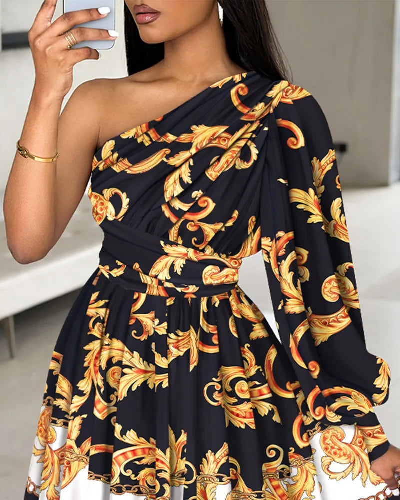 Maxy New Boho Print Women Dress Spring Fashion Sexy Off Shoulder Office Elegnat Casual Dresses Female Sweet Party Dress Robe Femme