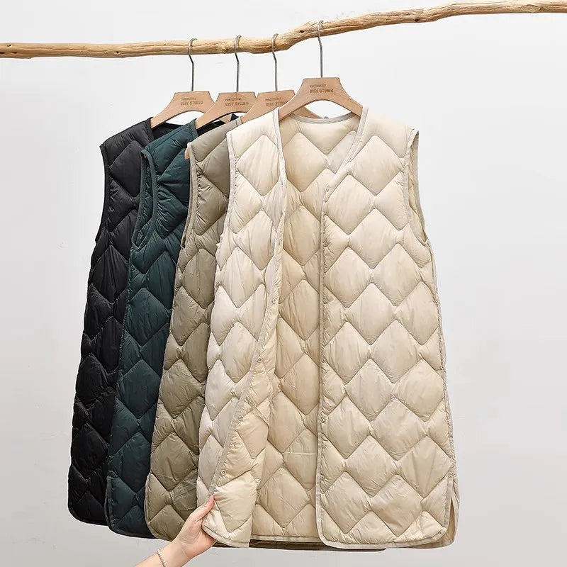 Maxy Plus Size Female Korean V-neck Casual Ultra-Light Vest Coat Autumn Winter Women X-Long White Duck Down Warm Sleeveless Jackets