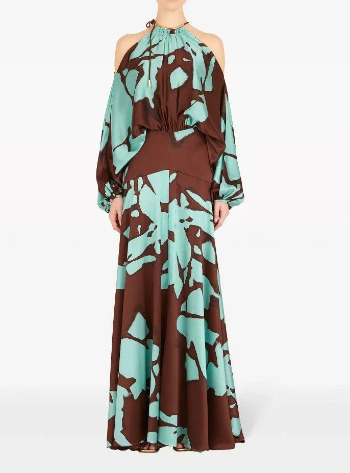 Maxy Evening Dresses Vacation Style Elegant Socialite Printed Off Shoulder Slit Dress