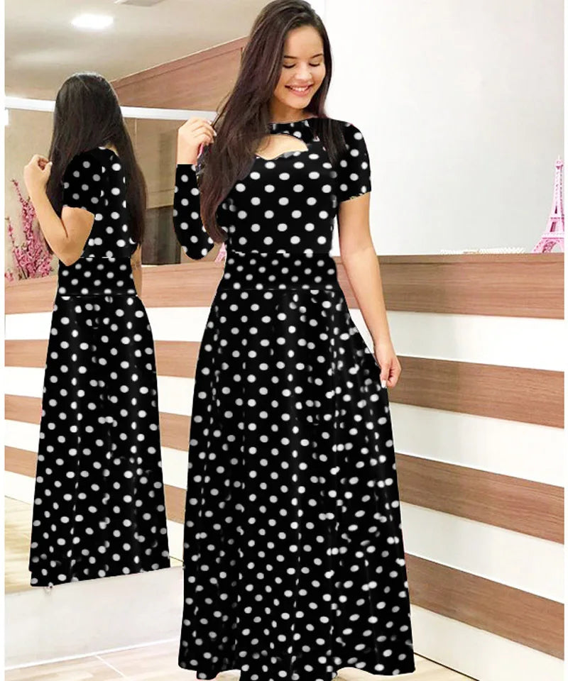 Babs Elegant Spring Women's Dress Casual Fashion Floral Print Short Sleeve Super Long Dress New Fashion Hollow Out Long Dresses